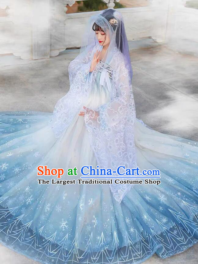China Tang Dynasty Court Lady Costumes Ancient Princess Clothing Embroidered Blue Hanfu Dresses