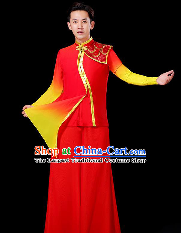 China Classical Dance Clothing Male Yangko Dance Red Outfit Group Stage Show Costume Fan Dance Fashion