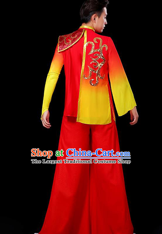 China Classical Dance Clothing Male Yangko Dance Red Outfit Group Stage Show Costume Fan Dance Fashion