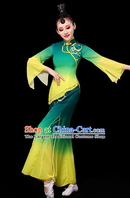China Yangko Dance Gradient Green Yellow Outfit Women Group Stage Show Costume Modern Dance Fashion Fan Dance Clothing