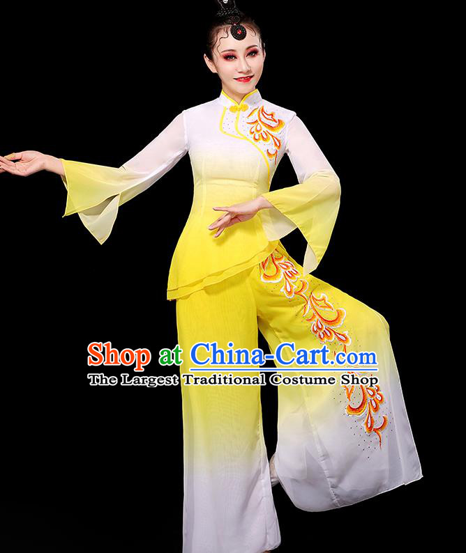 China Yangko Dance Gradient White Yellow Outfit Women Group Stage Show Costume Umbrella Dance Fashion Fan Dance Clothing