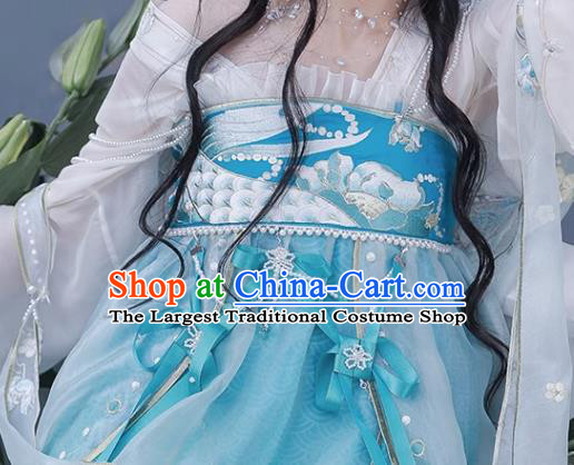 China Blue Hanfu Dresses Tang Dynasty Court Princess Costumes Ancient Fairy Embroidered Clothing