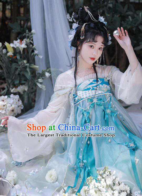 China Blue Hanfu Dresses Tang Dynasty Court Princess Costumes Ancient Fairy Embroidered Clothing