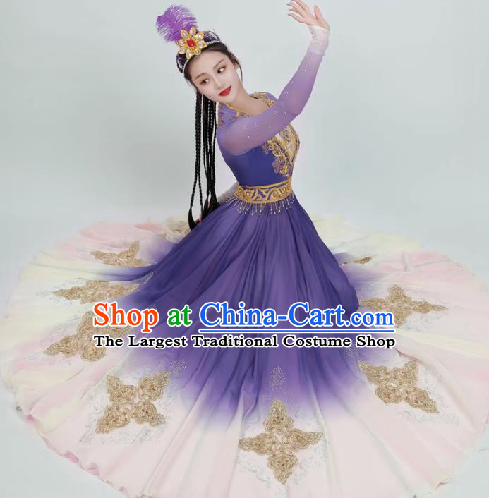 China Ethnic Fashion Xinjiang Dance Purple Dress Women Group Dance Clothing Uyghur Nationality Dance Costume