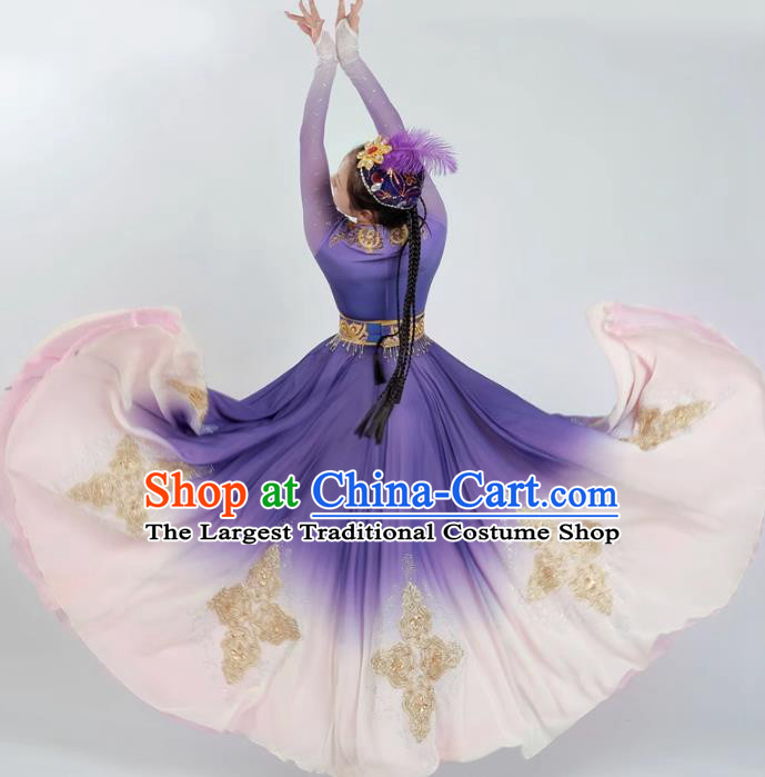 China Ethnic Fashion Xinjiang Dance Purple Dress Women Group Dance Clothing Uyghur Nationality Dance Costume