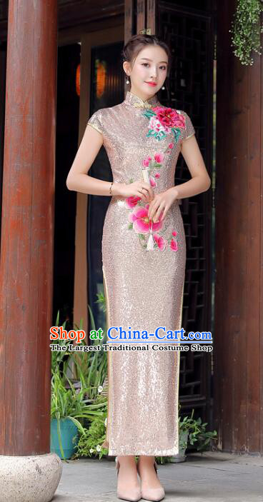 China Woman Embroidered Shinning Champagne Qipao Traditional Cheongsam Elegant Mandarin Dress