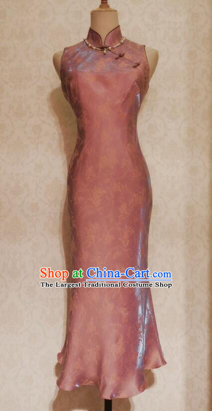 China Elegant Pink Satin Dress Slim Sleeveless Qipao Classical Cheongsam Clothing