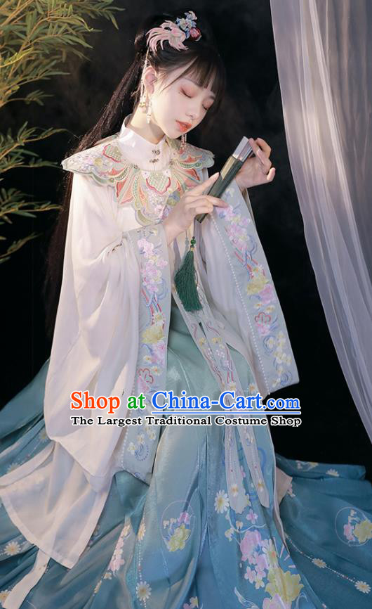 China Hanfu Embroidered Clothing Ming Dynasty Princess Blue Dresses Ancient Noble Lady Garment Costumes Complete Set