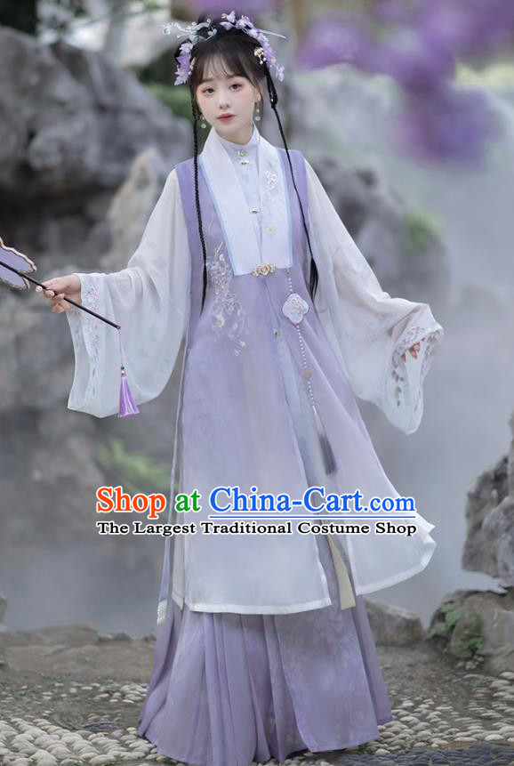 China Ming Dynasty Princess Lilac Dresses Ancient Young Woman Garment Costumes Hanfu Embroidered Clothing