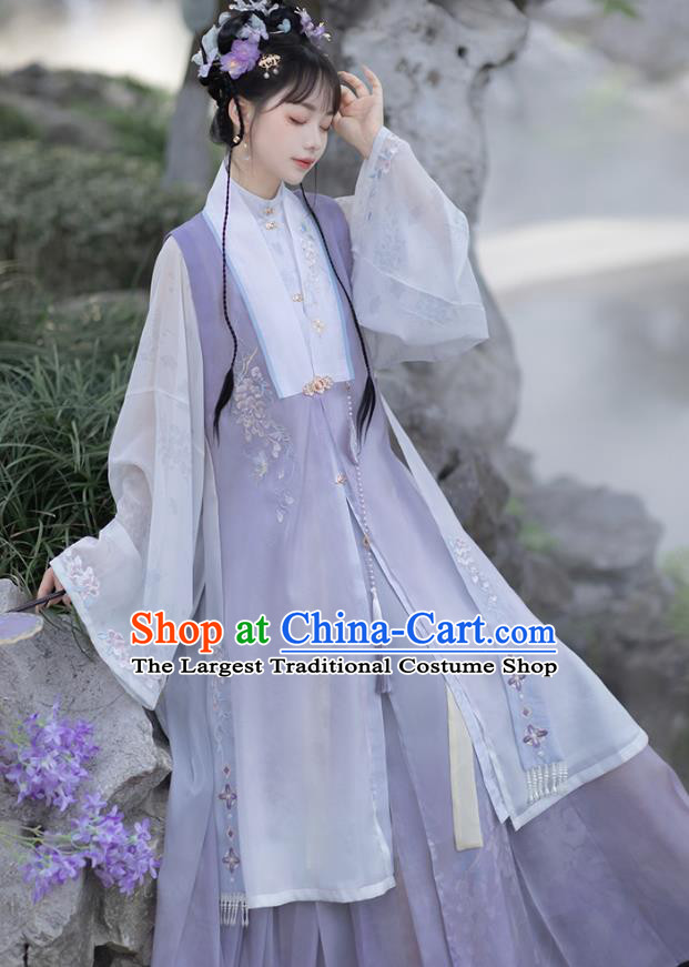 China Ming Dynasty Princess Lilac Dresses Ancient Young Woman Garment Costumes Hanfu Embroidered Clothing