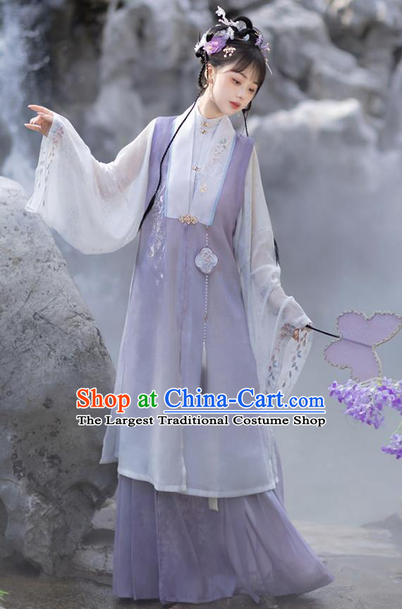 China Ming Dynasty Princess Lilac Dresses Ancient Young Woman Garment Costumes Hanfu Embroidered Clothing