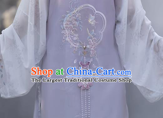 China Ming Dynasty Princess Lilac Dresses Ancient Young Woman Garment Costumes Hanfu Embroidered Clothing