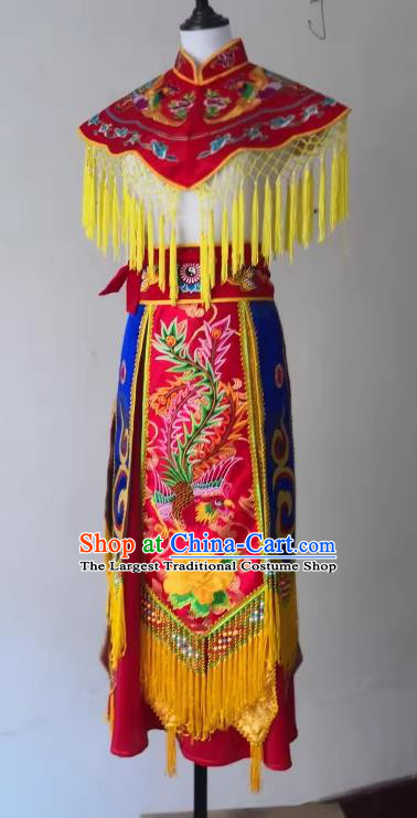 China Folk Dance Clothing Nuo Opera Immortal Combat Red Outfit Fiesta Parade God Embroidered Cappa and Skirt