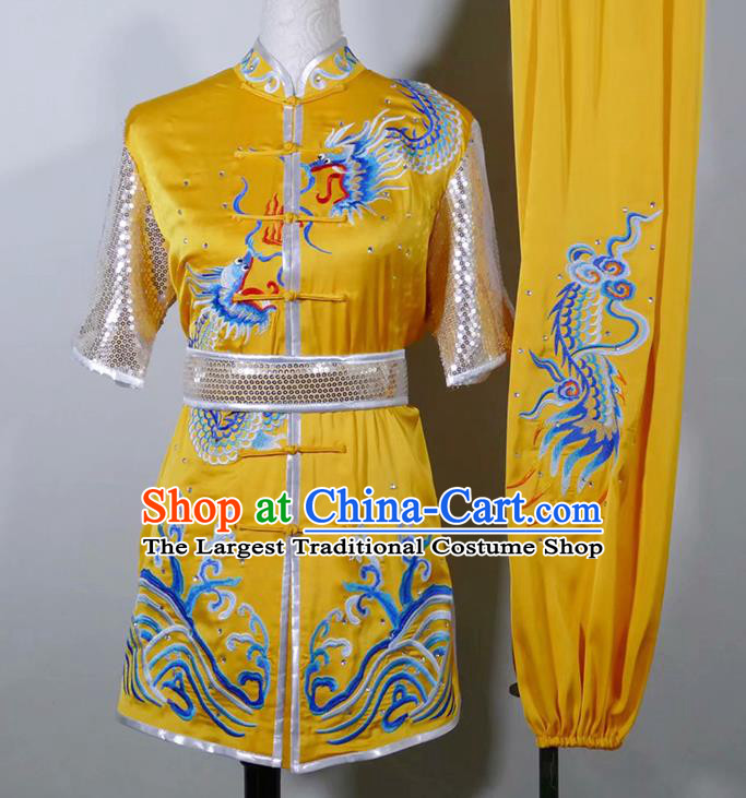 China Wushu Tournament Embroidered Clothing Kung Fu Competition Yellow Uniform Martial Arts Changquan Performance Costume