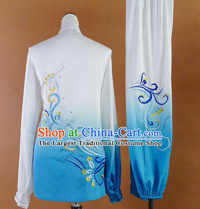 China Tai Chi Competition Blue Uniform Kung Fu Performance Costume Martial Arts Tournament Embroidered Clothing