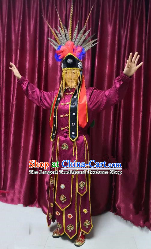 Chinese Folk Dance Clothing Sacrifice God Dancing Garments Witchcraft Performance Costumes and Headdress Complete Set