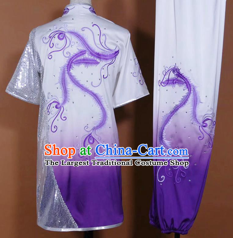China Martial Arts Performance Costume Wushu Competition Embroidered Phoenix Clothing Kung Fu Gradient Purple Uniform