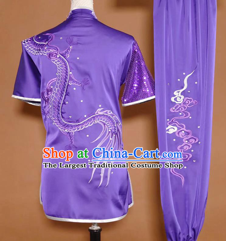 China Kung Fu Competition Purple Uniform Martial Arts Performance Costume Wushu Tournament Embroidered Dragon Clothing