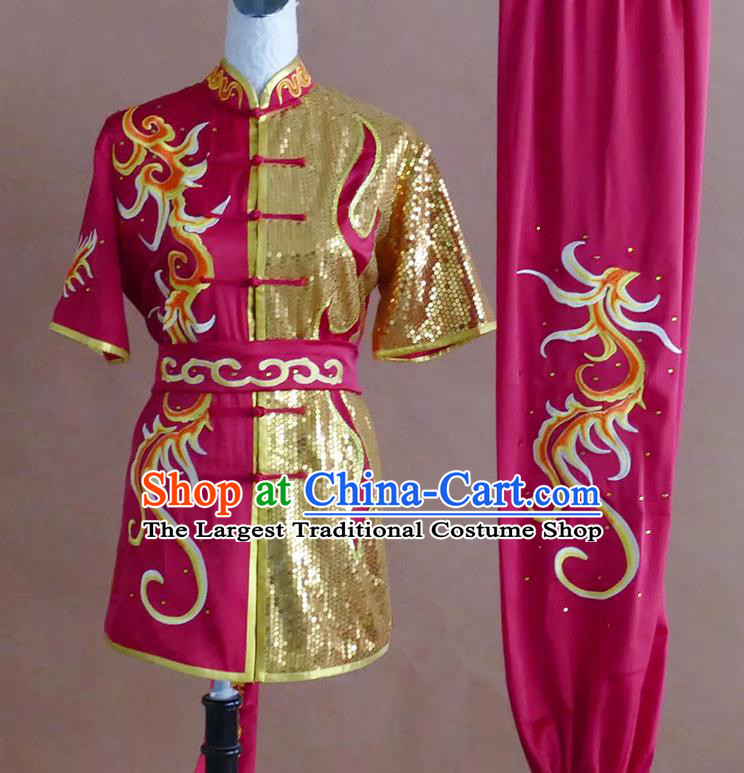 China Changquan Performance Costume Wushu Tournament Embroidered Clothing Kung Fu Competition Megenta Uniform Martial Arts Outfit