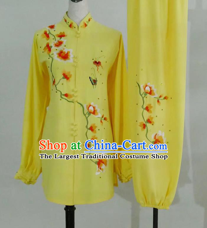China Tai Chi Taiji Tournament Embroidered Clothing Kung Fu Competition Yellow Uniform Martial Arts Performance Costume
