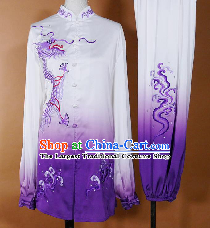 China Martial Arts Costume Tai Chi Performance Outfit Taijiquan Training Embroidered Dragon Clothing Kung Fu Tournament Purple Uniform