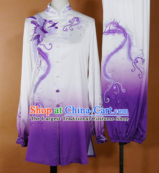 China Kung Fu Tournament Purple Uniform Martial Arts Costume Tai Chi Performance Outfit Taijiquan Training Embroidered Phoenix Clothing