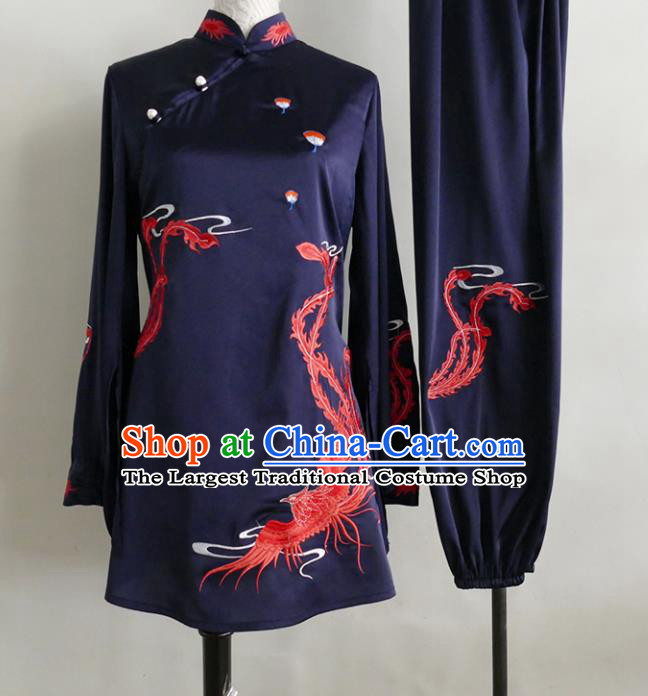 China Martial Arts Performance Costume Tai Chi Training Embroidered Phoenix Clothing Female Kung Fu Tournament Navy Uniform