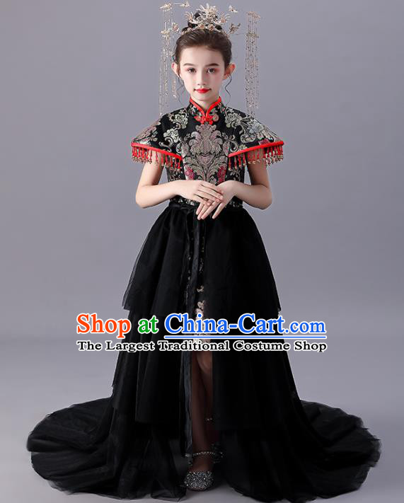 China Traditional Stage Show Costume Girl Catwalks Black Qipao Dress Children Day Performance Clothing