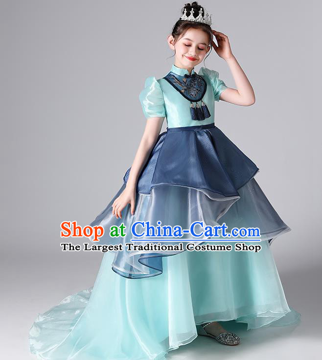 Girl Catwalks Costume Princess Birthday Blue Full Dress Top Model Contest Fashion Children Day Show Clothing