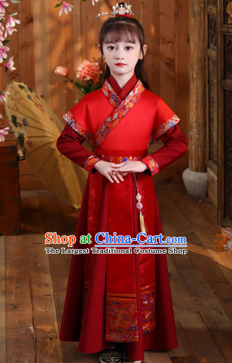 Kid Swordsman Red Outfit Children Day Hanfu Clothing Girl Stage Performance Costume Chinese Folk Dance Fashion