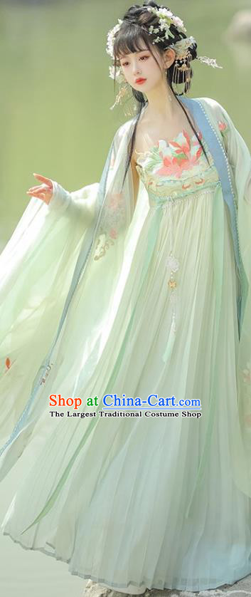 China Traditional Costumes Hanfu Green Dresses Ancient Lotus Fairy Clothing