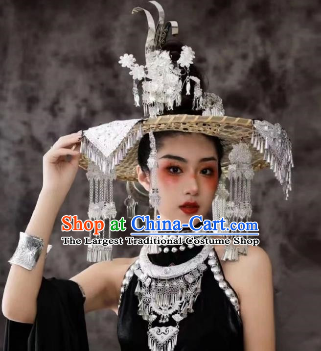 Miao Nationality Silver Hat Handmade Bucket Hat Miao Nationality Tujia Decorative Hat Phoenix Travel Photography Props Clothing