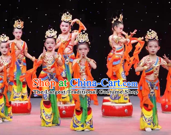 Children Dunhuang Flying Hanfu Costumes Music Drum Performance Costumes Dance Costumes Chinese Style Classical Dance Girls Costumes