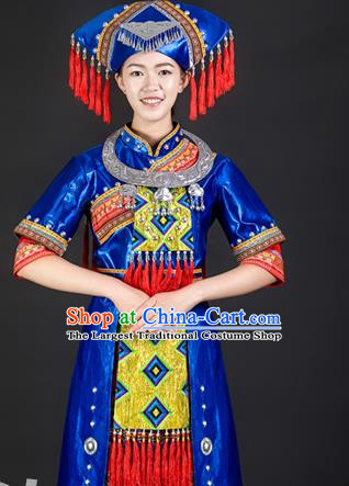 Zhuang Nationality Stage Costumes Ethnic Minority Costumes March 3 Long Skirt Blue Women Dress