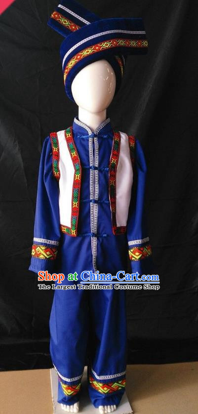 Children Ethnic Minority Performance Costumes Stage Costumes Blue Clothes Zhuang Costumes Long Sleeved Trousers Suit