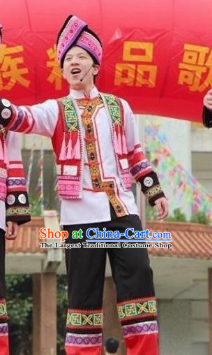 Guangxi Zhuang Nationality Stage Performance Costume Minority Men Black Trousers Three Piece Set