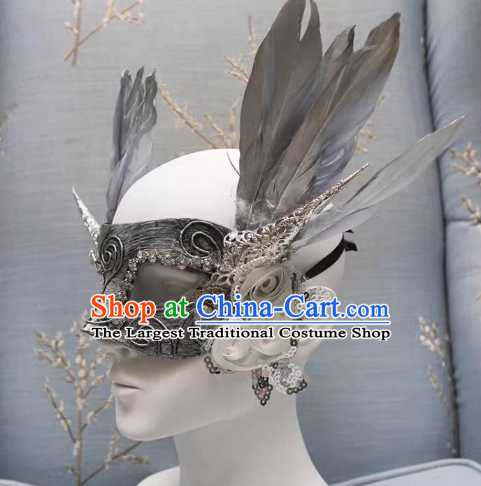 Exaggerated Venetian Silver Flower Mask Feather Masked Singer Halloween Carnival Masquerade Party