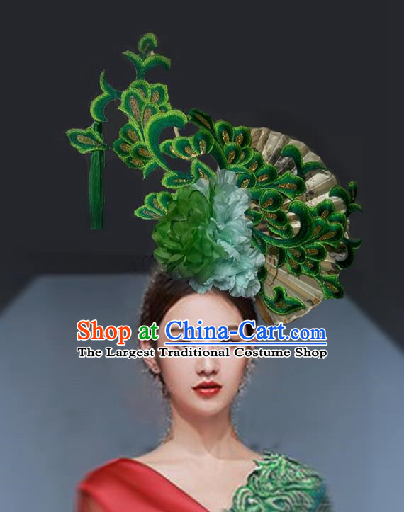 Chinese Style Blue And White Fan Shaped Porcelain Ancient Style Catwalk Model Competition Photography Exaggerated Headdress Hair Accessories