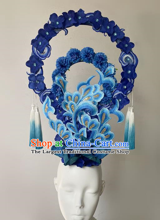 Chinese Style Blue And White Porcelain Blue National Tide Ancient Style Catwalk Model Competition Exaggerated Headdress Hair Accessories