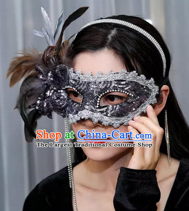 Venetian Gray Flower Mask Feather Masked Singer Halloween Carnival Party Mask