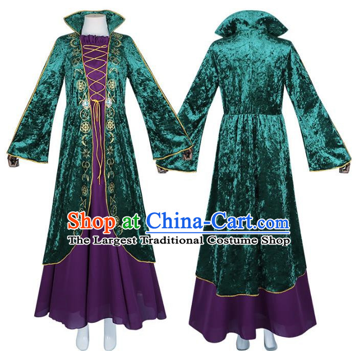 Green Retro Velvet Dress Cosplay Witch Costume Big Swing Sleeves