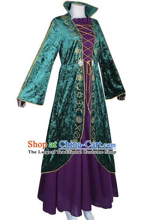 Green Retro Velvet Dress Cosplay Witch Costume Big Swing Sleeves