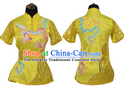 Yellow Martial Arts Clothing Embroidered Phoenix Performance Clothing Competition Clothing Long Boxing Clothing Practice Clothing For Women, Boys And Children