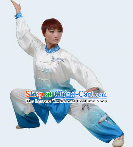 Blue Tai Chi Clothes Cloud Crane Gradient Transition Color Three Piece Suit Drape Embroidered Exercise Clothes Men And Women Performance Clothes