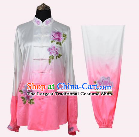 Tai Chi Clothing National Color Heavenly Fragrance Embroidery Peony Gradient Transition Pink Performance Competition Practice Martial Arts Clothing Female