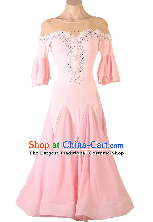 Pink Modern Dance Dress Professional Performance Competition Clothing Waltz Ballroom Dance Chiffon Swing Skirt
