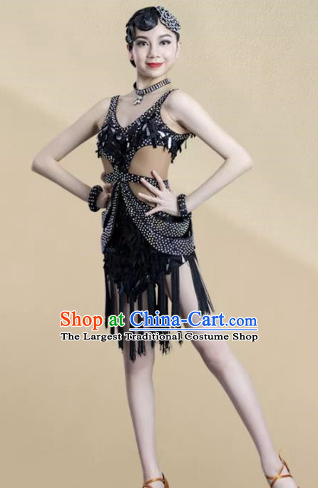 Latin Dance Competition Clothing Children Professional Sequined Tassel Skirt Children Performance Clothing Chacha Rumba