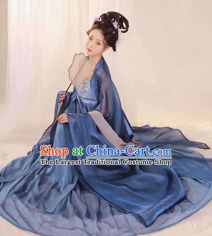 Chinese Traditional Hanfu Tang Dynasty Empress Clothing Ancient Court Woman Blue Dress Costumes Complete Set