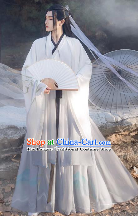 Chinese Ancient Swordsman White Clothing Jin Dynasty Male Garment Costumes Traditional Young Hero Hanfu
