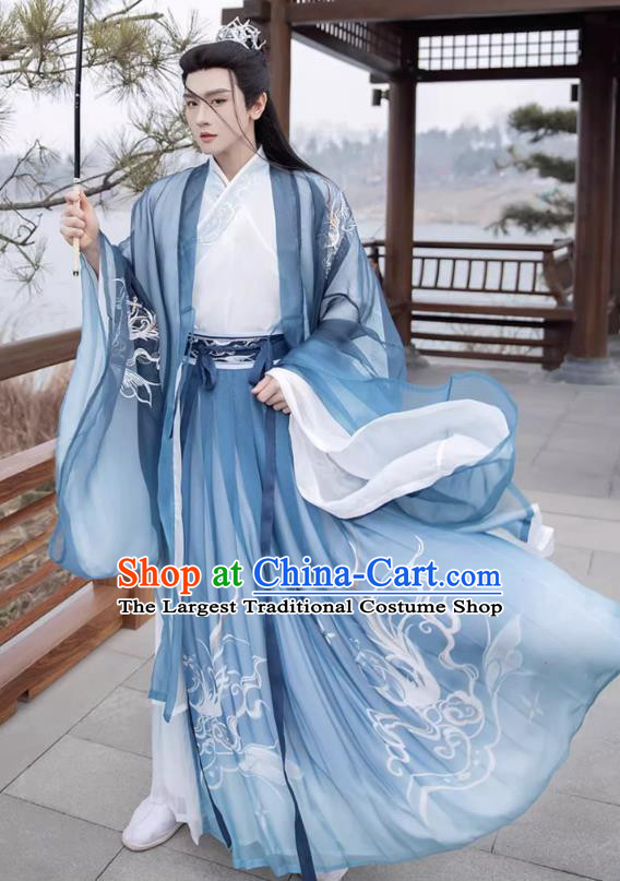 Chinese Traditional Young Hero Hanfu Ancient Swordsman Blue Clothing Jin Dynasty Male Garment Costumes